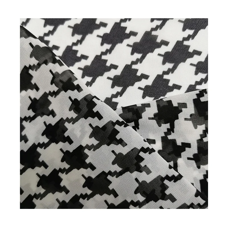 Hot Selling Black and White Houndstooth Pattern Chiffon Fabric Dress Material