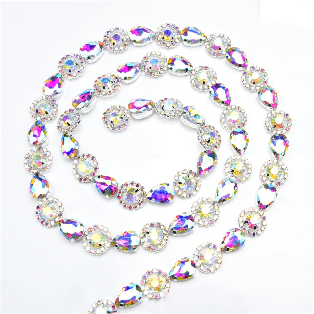 Water-Drop Sunflower Rhinestone Chain Trim 1.5cm Wide Sew-On Flower Crystal Chain for Dresses Costumes Jewelry Making & Crafts
