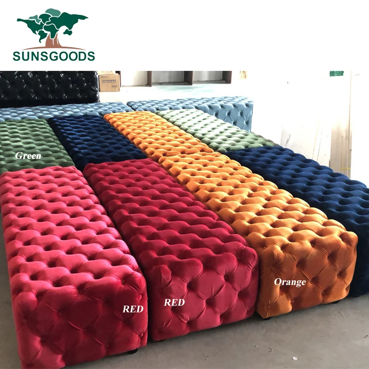 Foshan factory high quality MOQ1 customized wholesale price soft velvet fabric seat bench,long seat ottoman,chesterfield ottoman