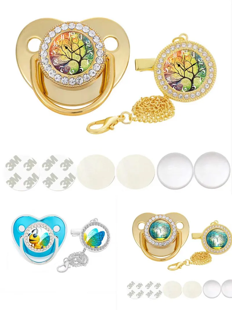 Dollbling Personalize Golden Bee Blue Wing Gold Chain Round Dummy Weaning Pacifier for Baby Shower