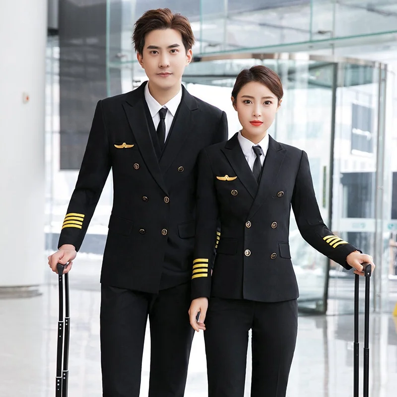 Spring Autumn Aviation School Uniform Pilot Hotel Double Breasted Work Uniform Men Women Blazer Jacket Pant Crew Airline Uniform