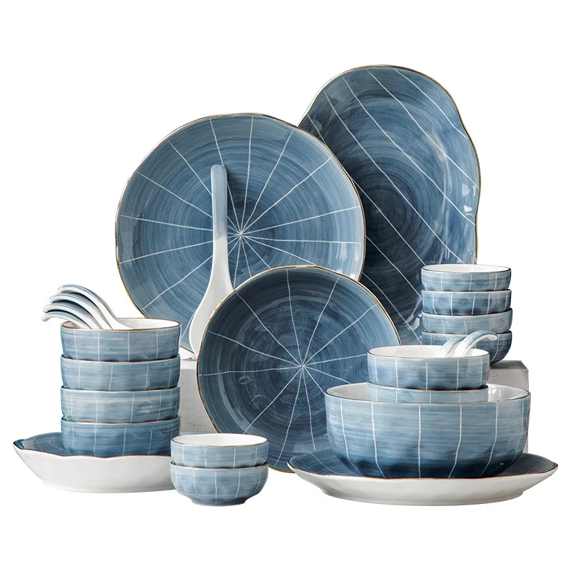 ins gold rim striped line glaze gradient household soup bowl plate ceramic dinnerware sets