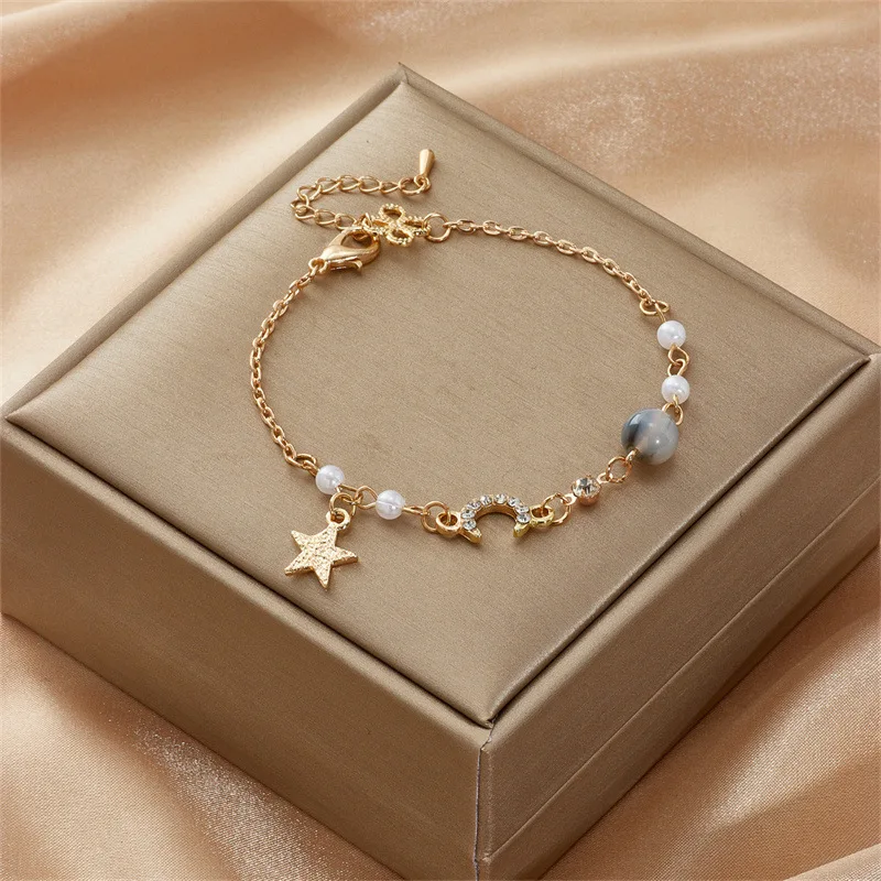Hot Selling Moon And Star Charm Bracelet Girls Fine Pearl Beads Chain Full Diamond Moon Star Bracelet For Women Jewelry