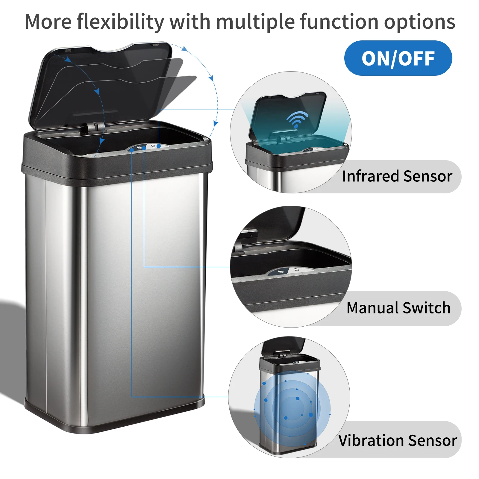 Stainless Steel Large Volume 50L Vibration Sensor Trash Can High Strength Brushed Dustbin with Infrared Sensor and Manual Switch