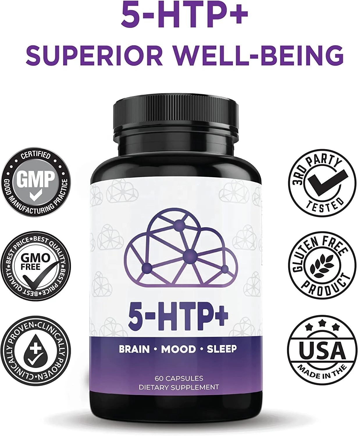 Wholesales 5-Hydroxytryptophan 5-HTP Capsules for Brain, Sleep, Eating Behavior, and Serotonin Support