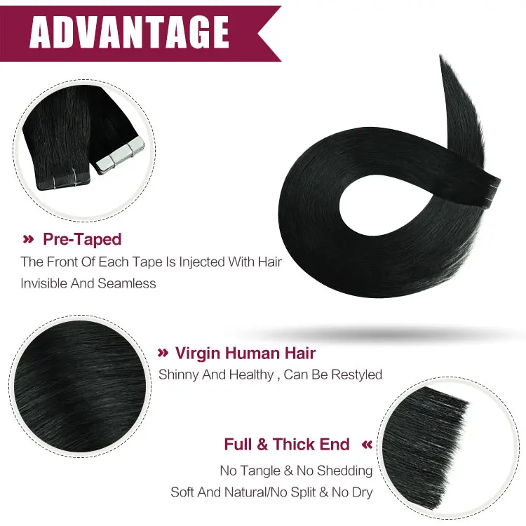 FH Wholesale Injected Virgin Remy Human Tapes Hair Black Jet #1 Invisible Straight Human Hair Tape in Extensions