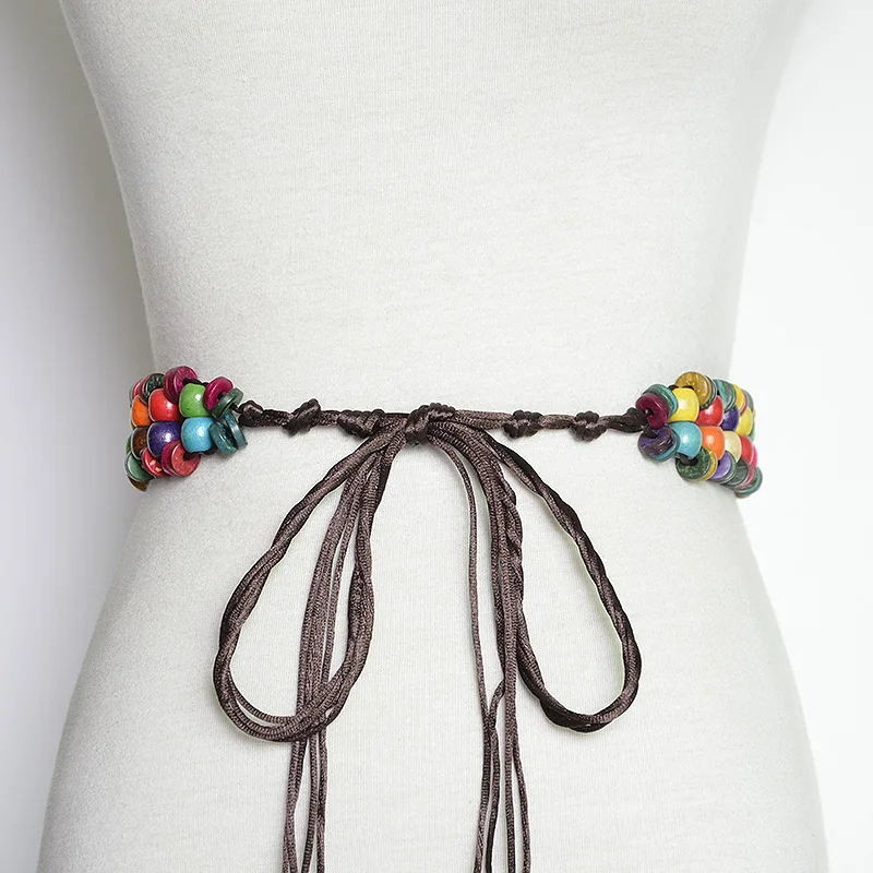 
Wholesale and retail candy colored wooden beads handmade wax rope woman waist chain belt 