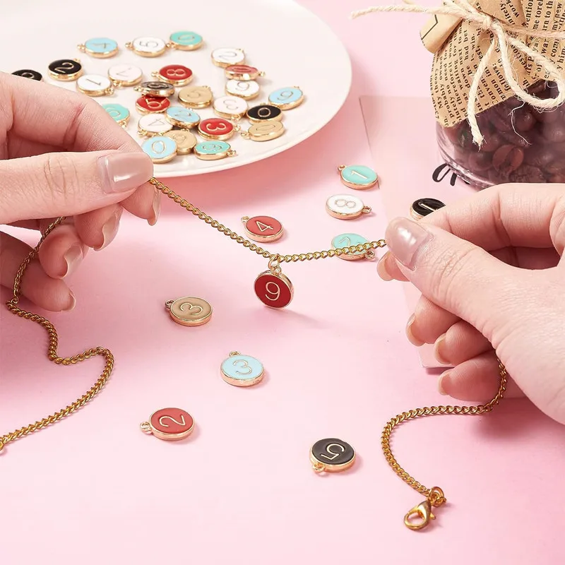 Wholesale Alloy Enamel Number Charms Flat Round 0-9 Number Pendants for DIY Jewelry Making