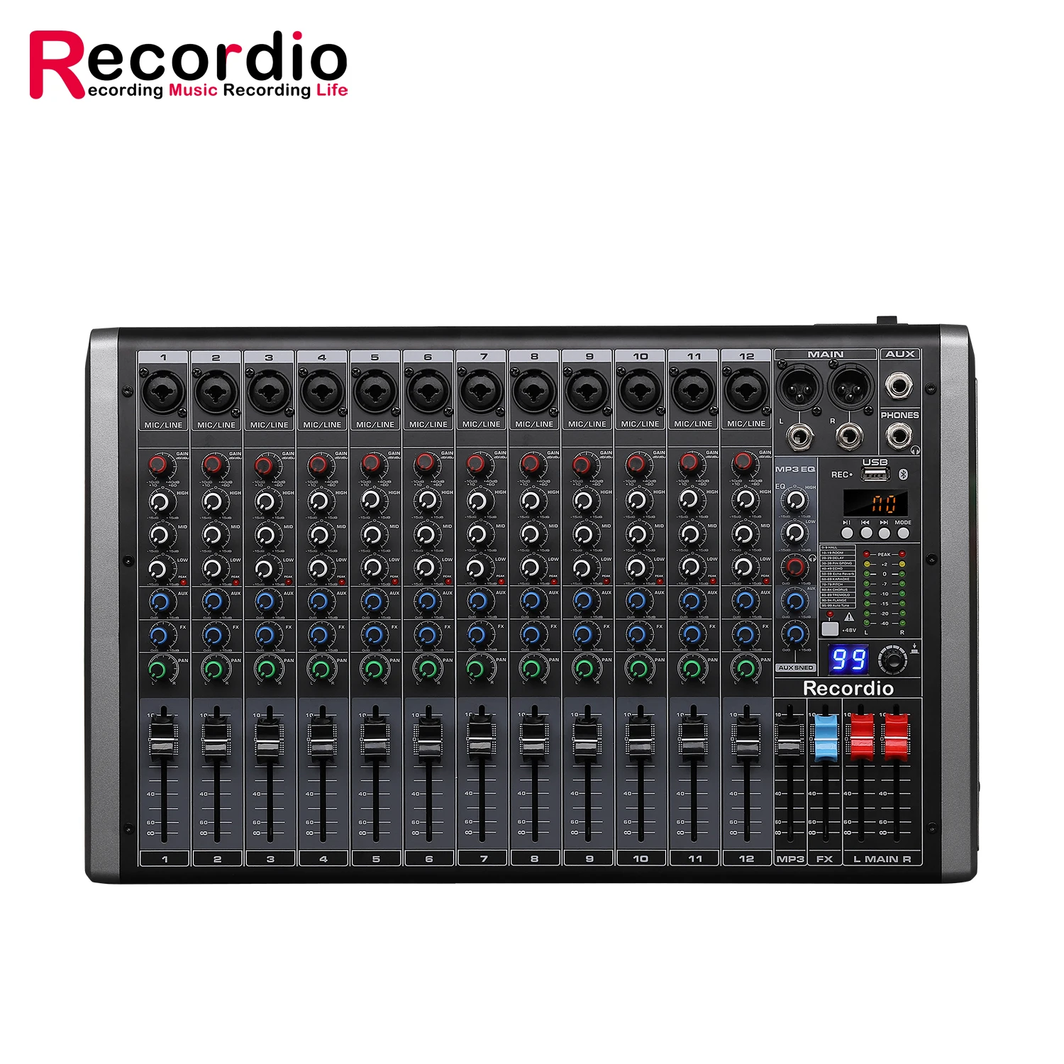 GAX-QQ12 Recordio 12-канальный Профессиональный микшерный пульт звуковой процессор аудиомикшер с blueteetmp3 EQ 99DSP