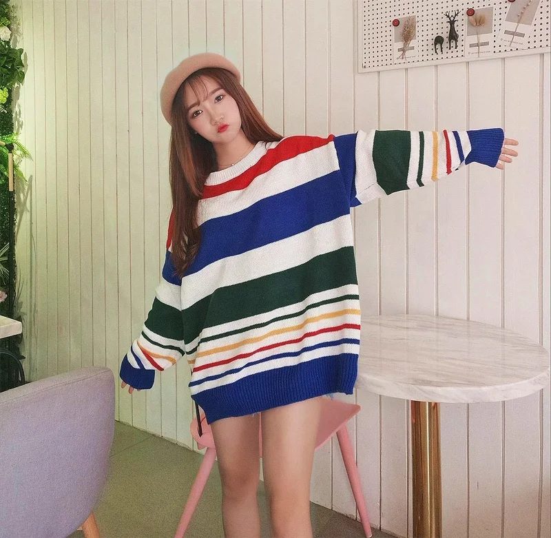 Rainbow Stripe Long sleeve European and American style sweater with Striped pattern and soft sweaters women