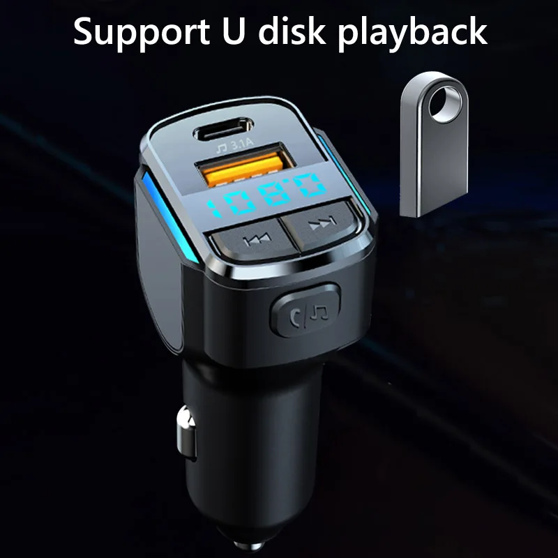 Blue Light Usb Type C Fast Charging Wireless Handsfree Bt Car Kit Fm Transmitter Usb C Car Mp3 Player