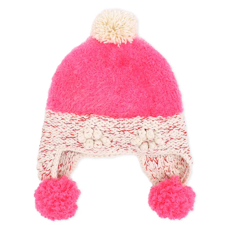 Qianzun manufacturers cute pink girl kids warm knit mohair acrylic kids ear flap earflap beanie hat