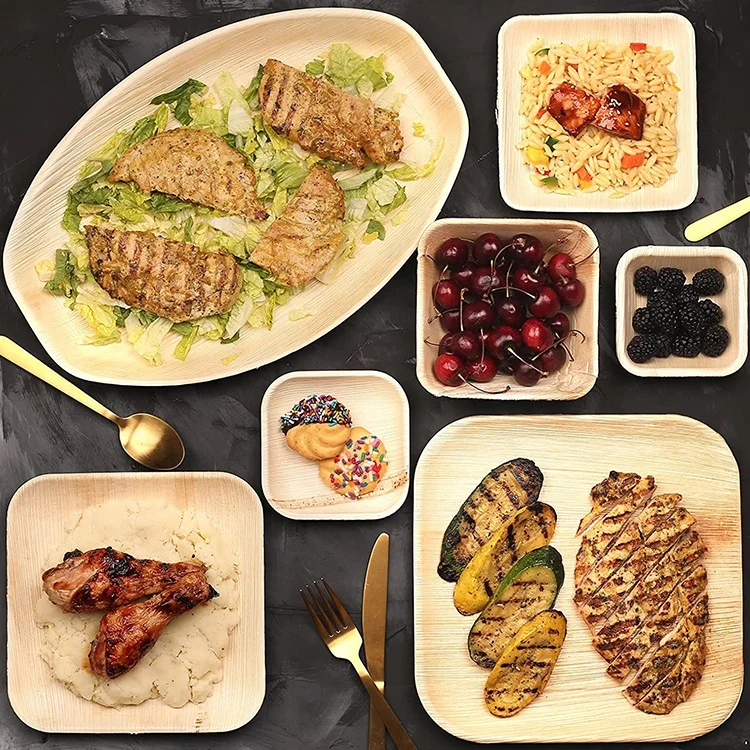 Одноразовые экологически чистые натуральные тарелки из пальмовых листьев, бамбуковые тарелки, биоразлагаемые деревянные тарелки 6 дюймов, 8 дюймов, 10 дюймов квадратной формы