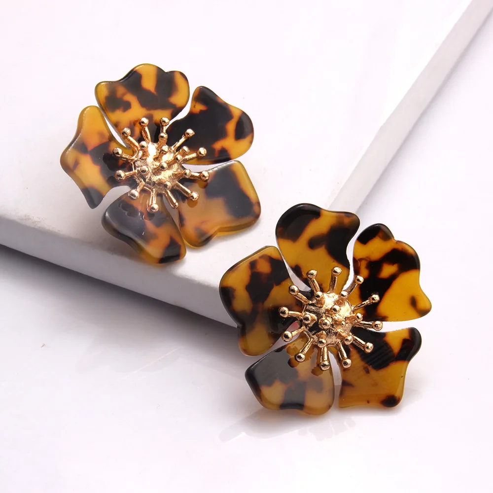 High Quality Vintage Celluloid Acetate Earrings Alloy Acrylic Flower Tortoiseshell Fashion Stud Earrings for Women
