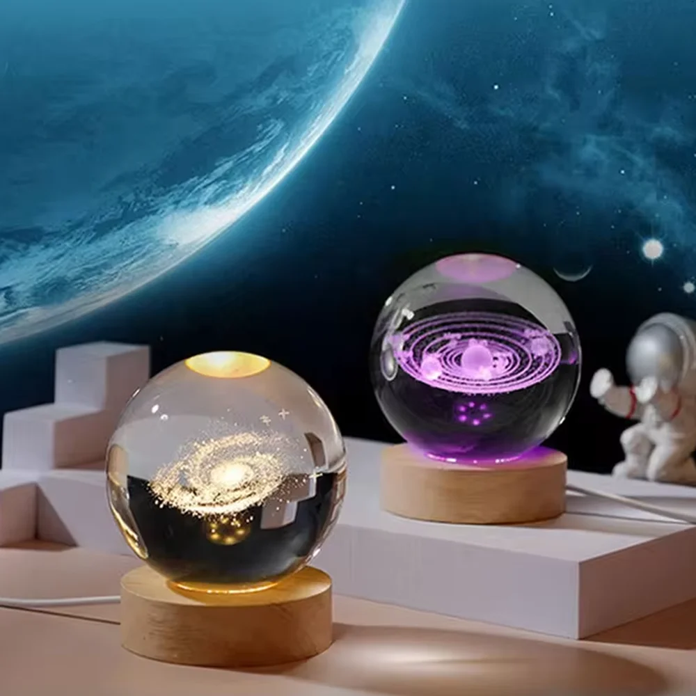 3D Art Crystal Ball Night Lamp Luminous Crystal Ball Decoration Solar System Led Night Lights Desktop Home Decor