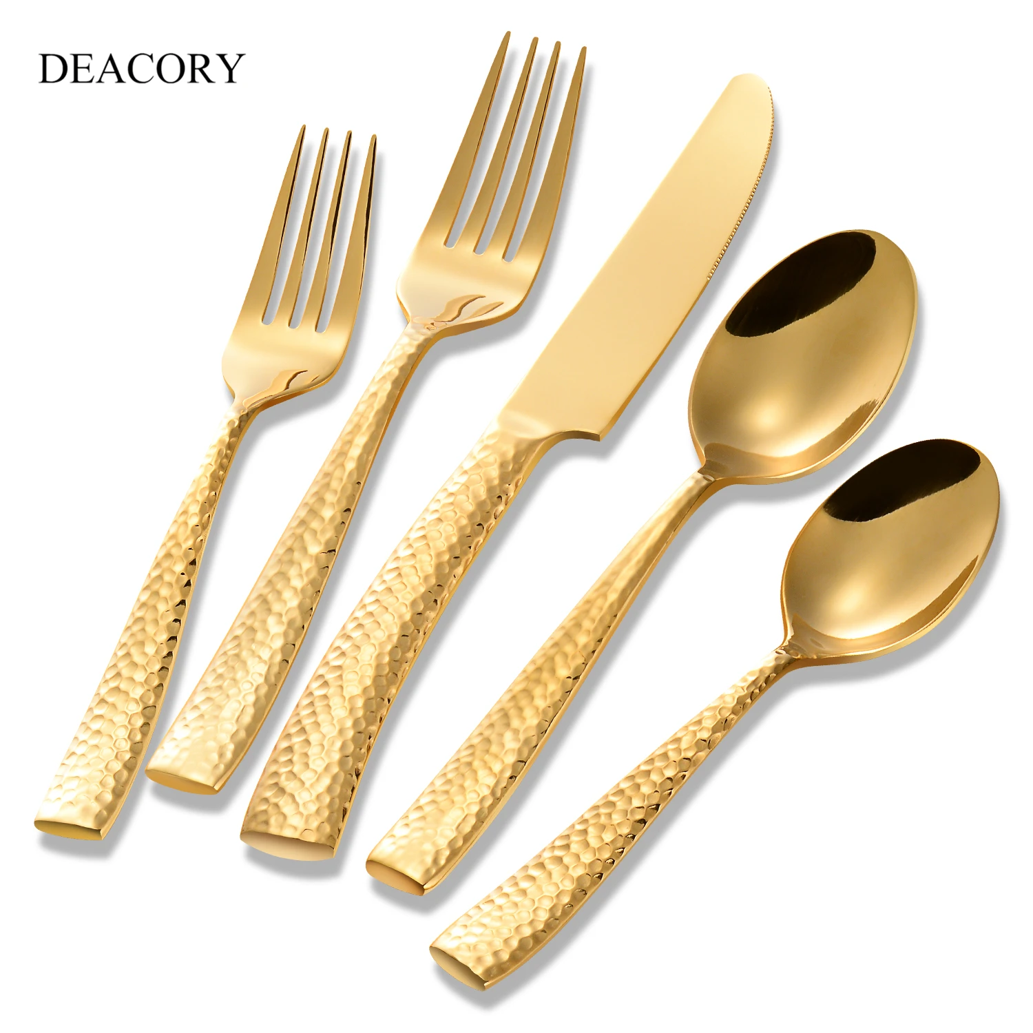 DEACORY Wholesale Restaurant Stainless Steel Hammered Gold Cutlery Flatware Silverware Set for Wedding