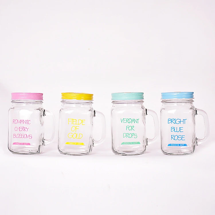 Wholesale Price 600ml Clear Glass Mason Jar With Handle Fruit Juice Jar