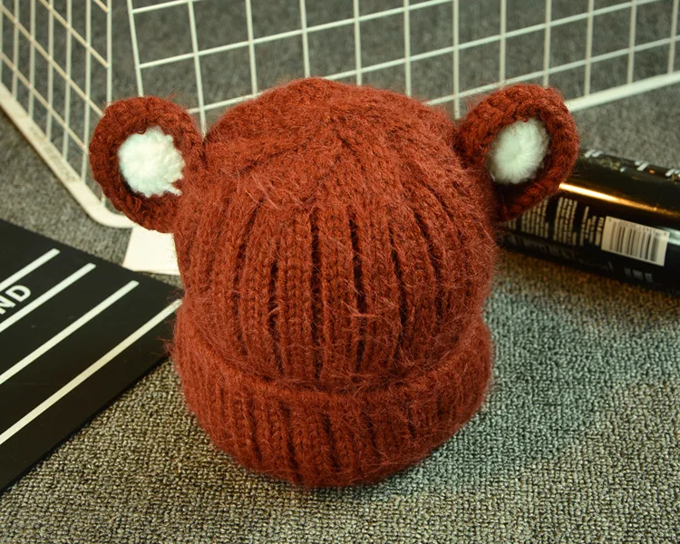 Wool Yarn Skullies Beanie Knitted Hat Cap Earmuffs Kids Winter Hat Lovely Cat Ears Baby Hat M0122