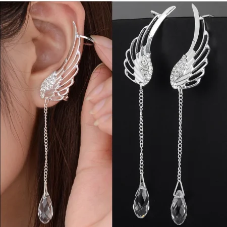 2019 New Silver Plated Angel Wing Stylist Crystal Earrings Drop Dangle Ear Stud For Women Long Cuff Earring Bohemia