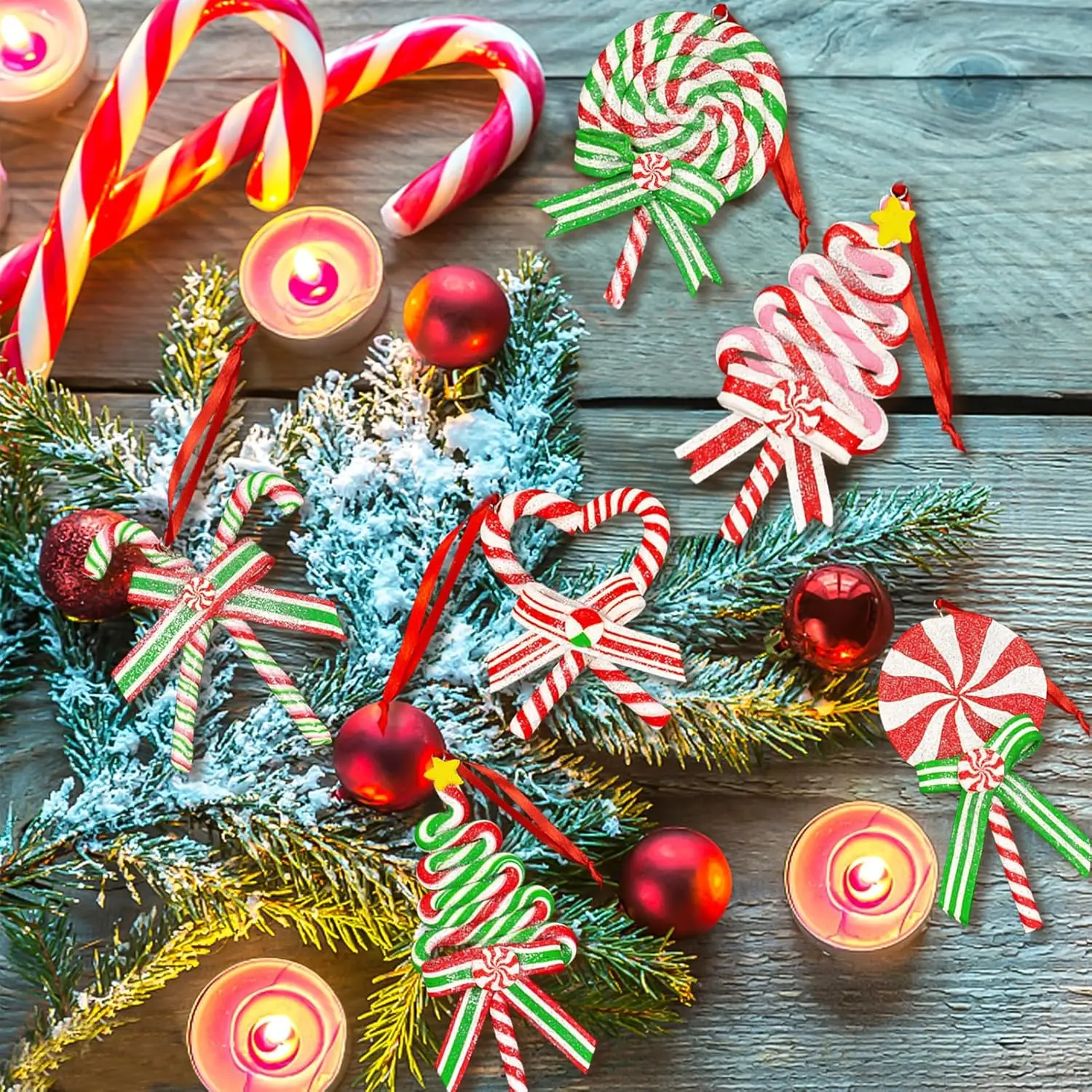 Glitter Candy Cane Ornaments for Christmas Tree Polymer Clay Lollipop Decorations with Ribbon for Holiday Party Home Decor