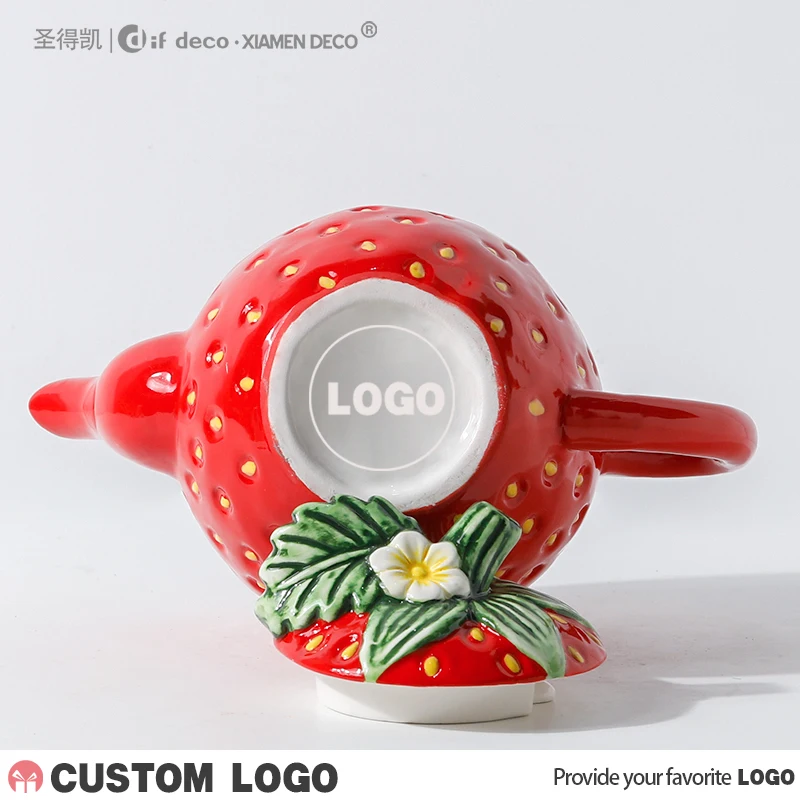 Custom Logo Fruit Design strawberry Teapot Ceramic Tea Cup and Pot Set Wholesale