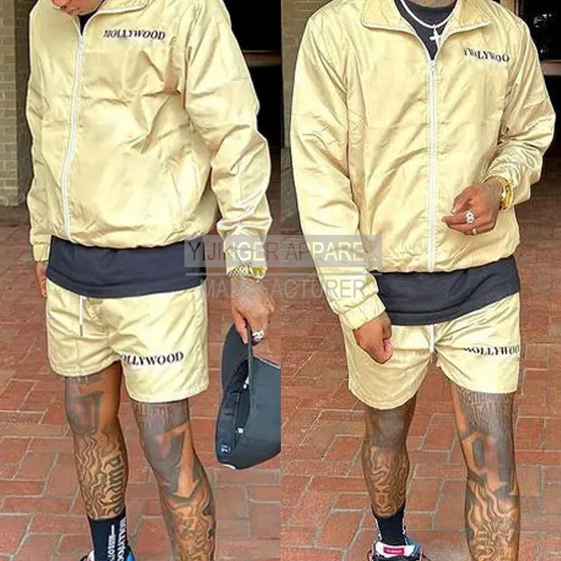 Custom mens clothing Nylon short and jacket jogger set two piece zipper polyester windbreaker tracksuit short set