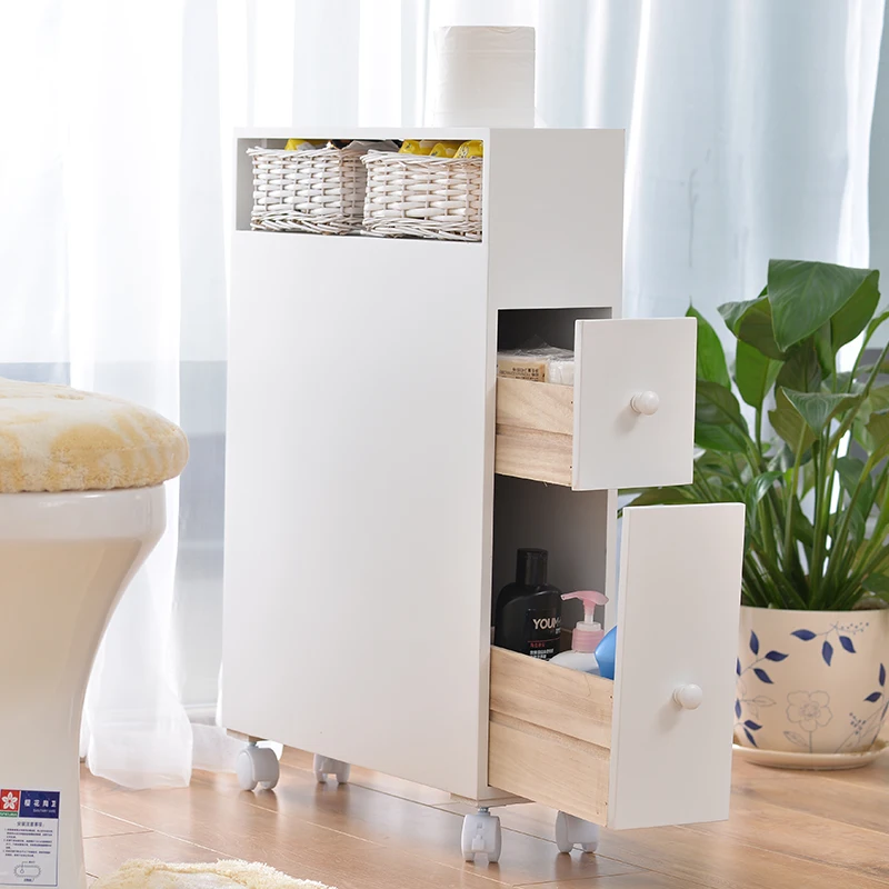 
Side Waterproof Toilet Paper Bathroom Wooden Drawer Storage Cabinet With Wheel 