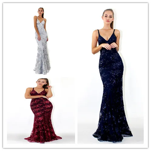 
Factory wholesale women sexy luxury floor length suspender dress elegant lady backless sequin embroidery evening dresses 