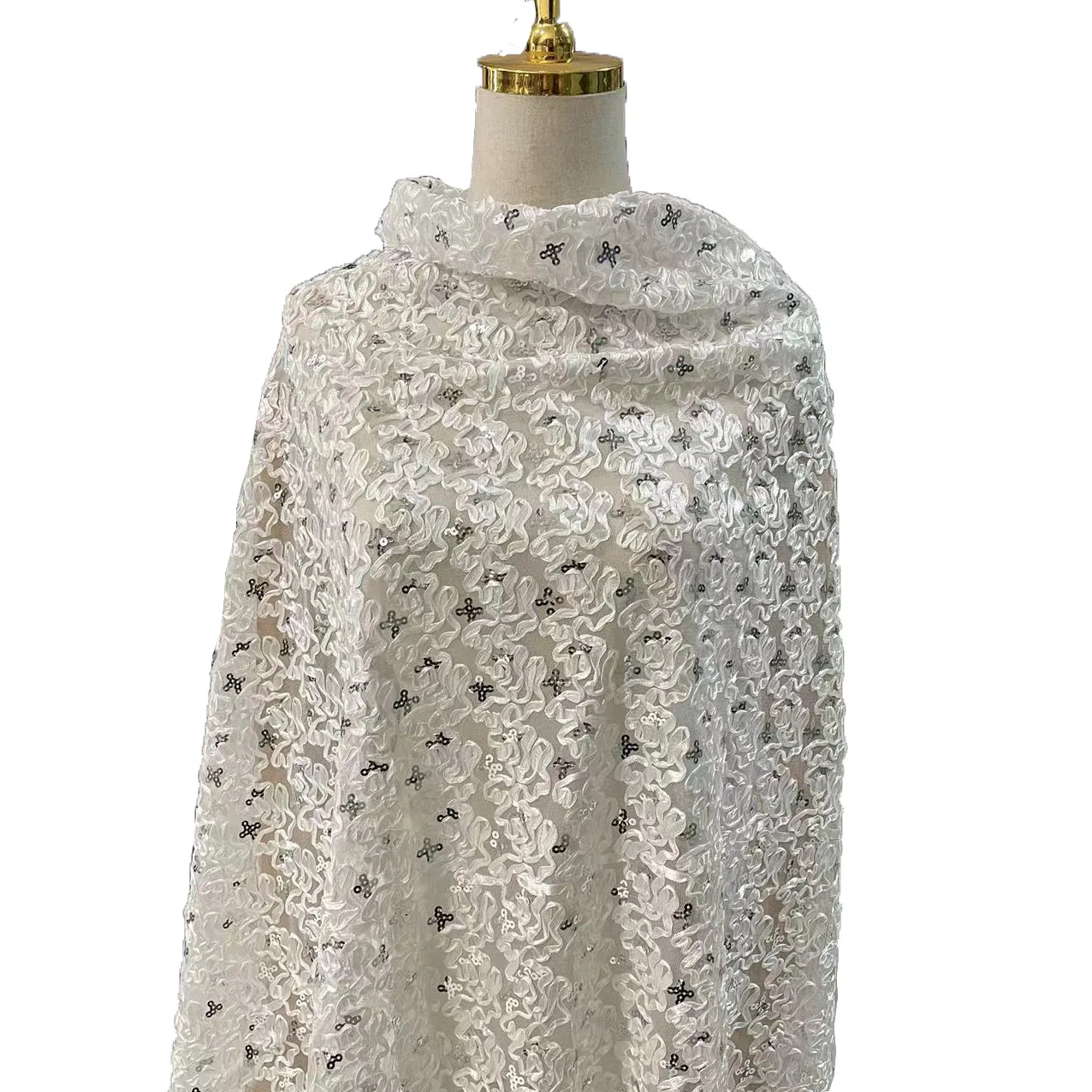 2023 New Lace Mesh White Sequins Embroider Dance Wear Costume Wedding 130 Width Fashion Design American