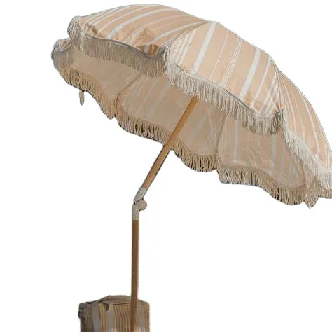 Factory Cheap Price Sun Luxury Bohemian Parasol Vintage Wooden Beach Umbrella With Tassels Recycled Boho Beach Umbrella