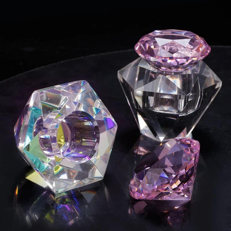 Diamond Crystal Glass Nail Cup Acrylic Powder Liquid Dappen Dish Pink Lid Glass Bowl Holder Pen Wash Manicure Tool Equipment