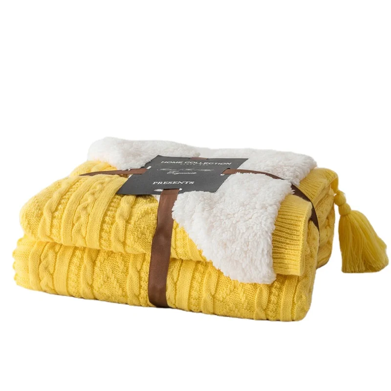Double Layered Blanket Classic Acrylic Knit Cozy Polyester Faux Lambs Wool Sherpa Backing Plush Throw Blanket
