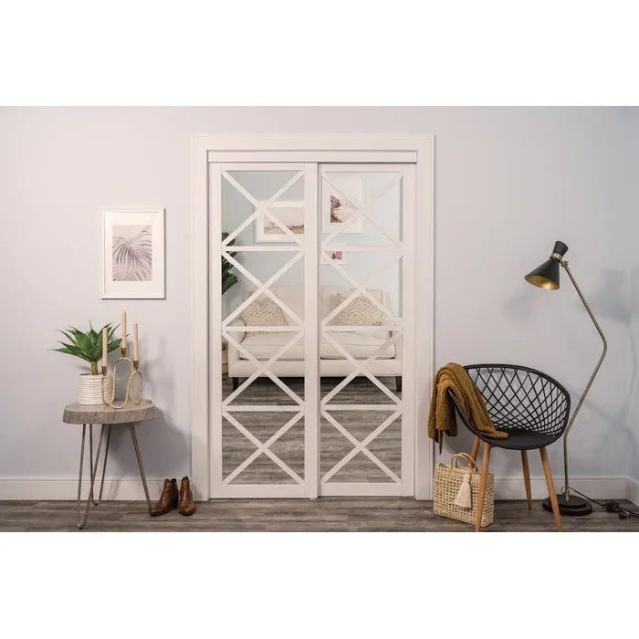 Lace Multi-X Design Mirrored Sliding Closet Door with Installation Hardware Kit Wood door