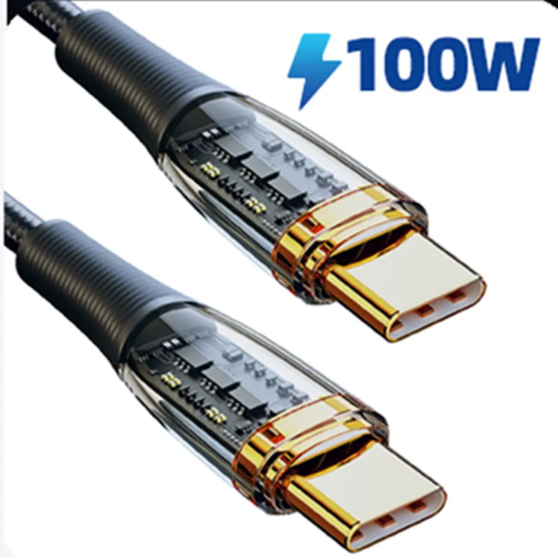 New Arrival Gold Plating Transparent USB Type C To C 5A 100W 66W 20W PD Fast Charging Cable For Mac book Mobile Phones