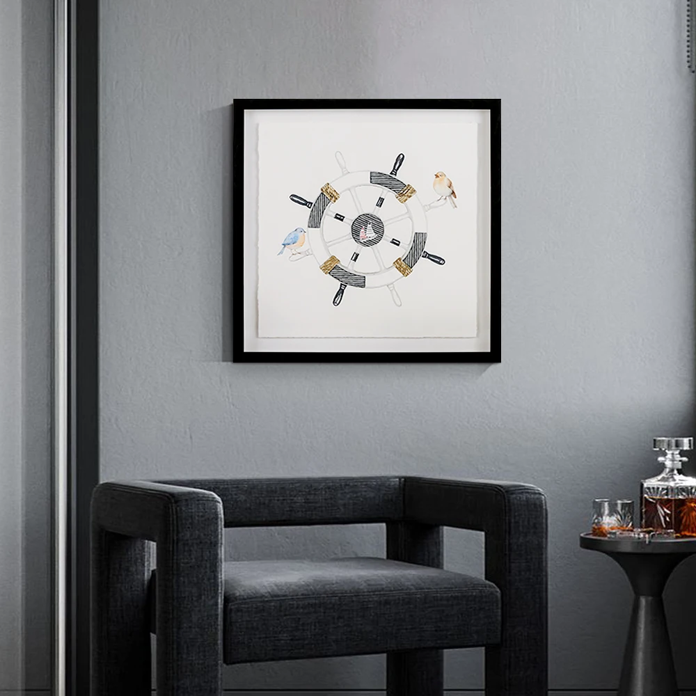 Gold foil boat helm wheel picture black and white wall art abstract prints on floating paper wall frame decor