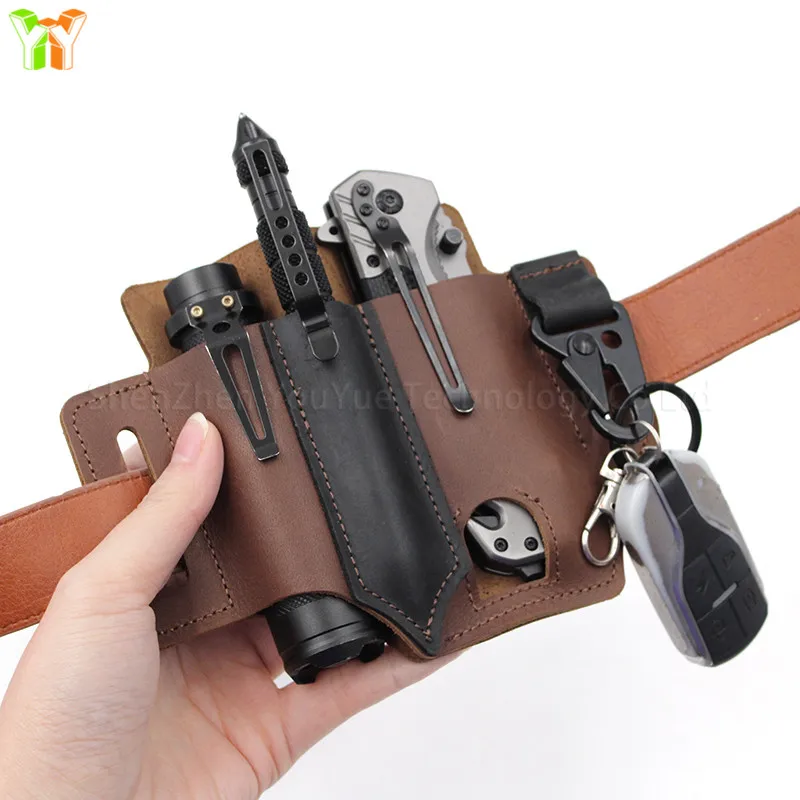 Stocked EDC Leather Sheath Cover Belt Sheath Pocket Organizer Flashlight Tools with Eagle Hook for Leatherman