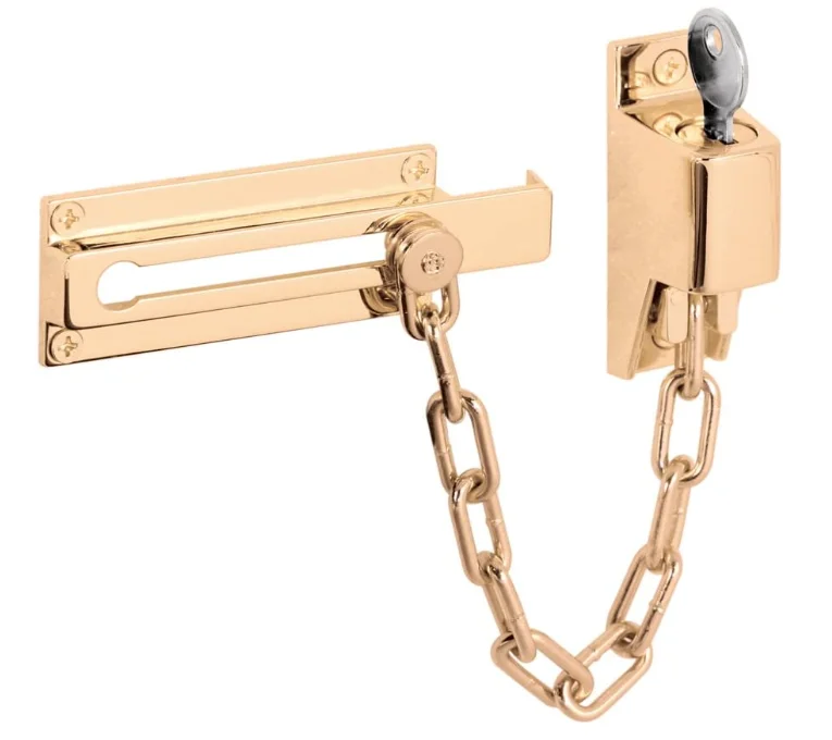 Keyed Chain Door Guard with Satin Brushed Nickel and antique brass and oil rubbed bronze finish security chain for door