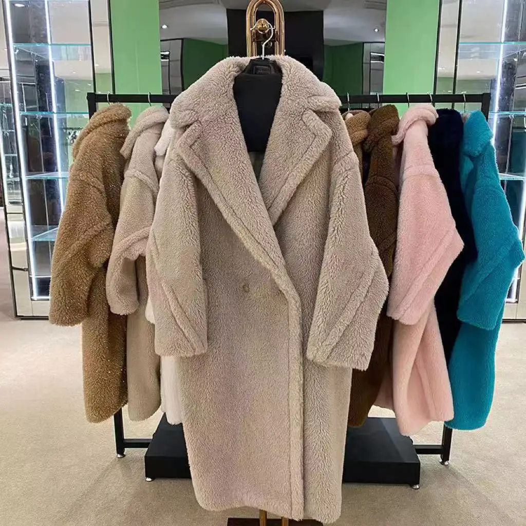 Office Lady style thick material long style faux teddy fur coat