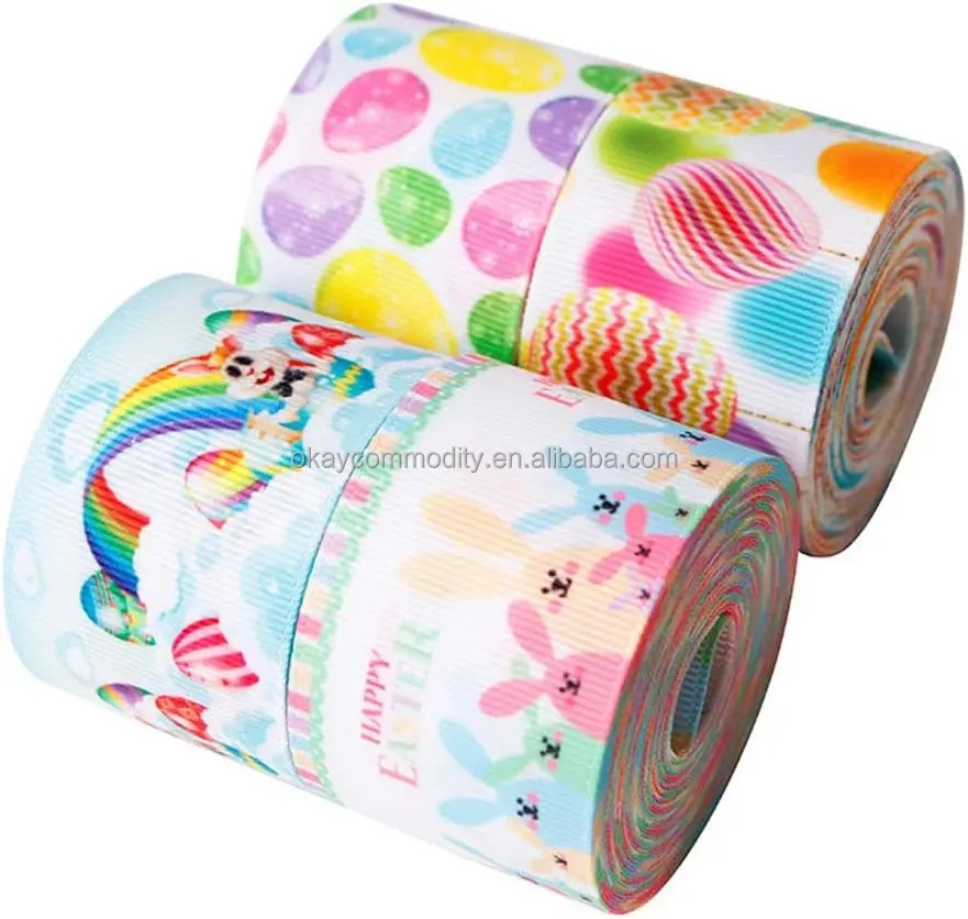 OKAY Rabbit And Egg Printed Grosgrain Ribbon Spring Easter Bunny Fabric Ribbon for Wrapping DIY Crafts Decoration