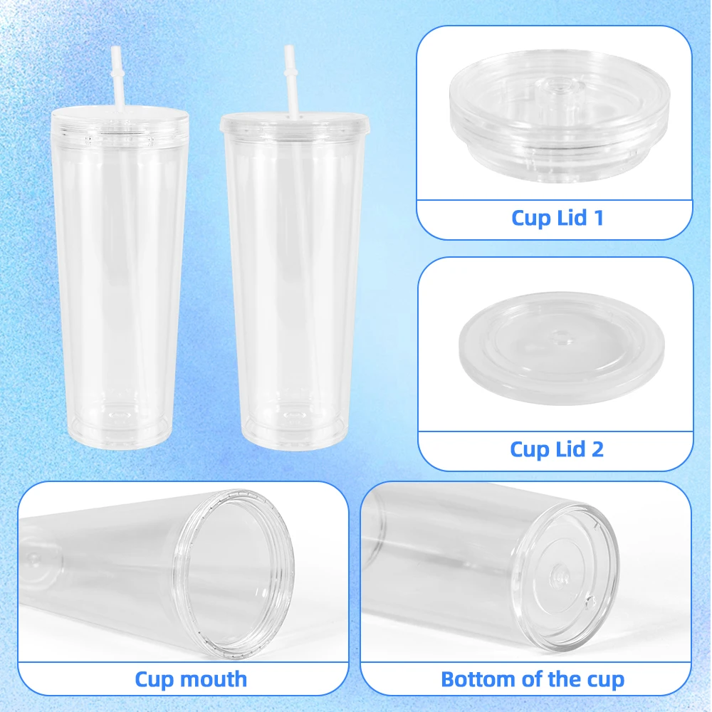 hot selling DIY Pre-drilled Double Wall 16oz 24oz Clear Acrylic Tumbler Reusable Plastic Tumbler with Straw and Stopper two lids