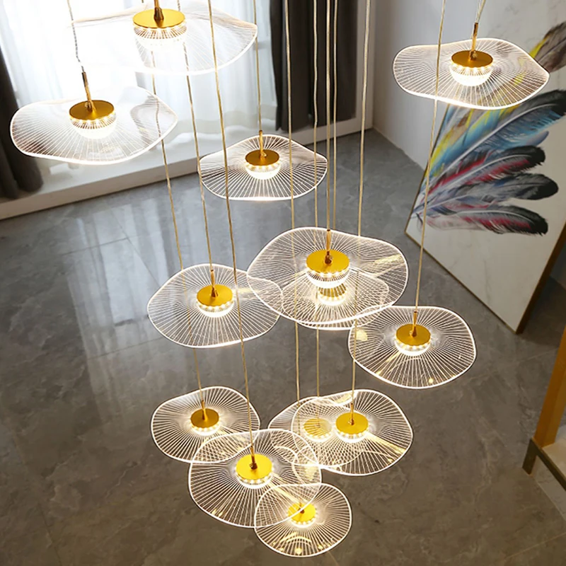 New living room chandelier simple creative lotus leaf loft apartment hotel villa pick high school empty stairs long chandelier