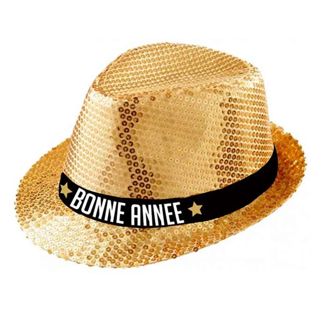 Golden Happy New Year Borsalino Hat Custom Logo Fedora Trilby Gangster Sequin Hat Glittery Jaz Unisex Cap Hiphop Fancy Dress