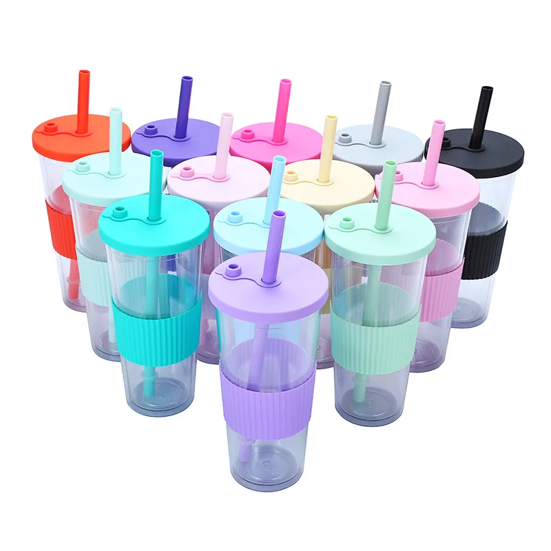 Wholesale Portable Double-layer Plastic Cup With lid and straw AS 24oz  Various color Large hole universal drink sports cup