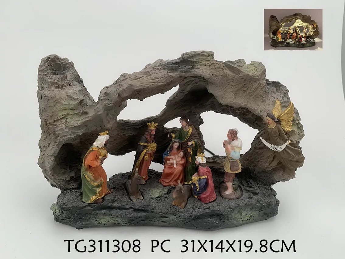 Top Grace hand carved polyresin cheap nativity sets with led light