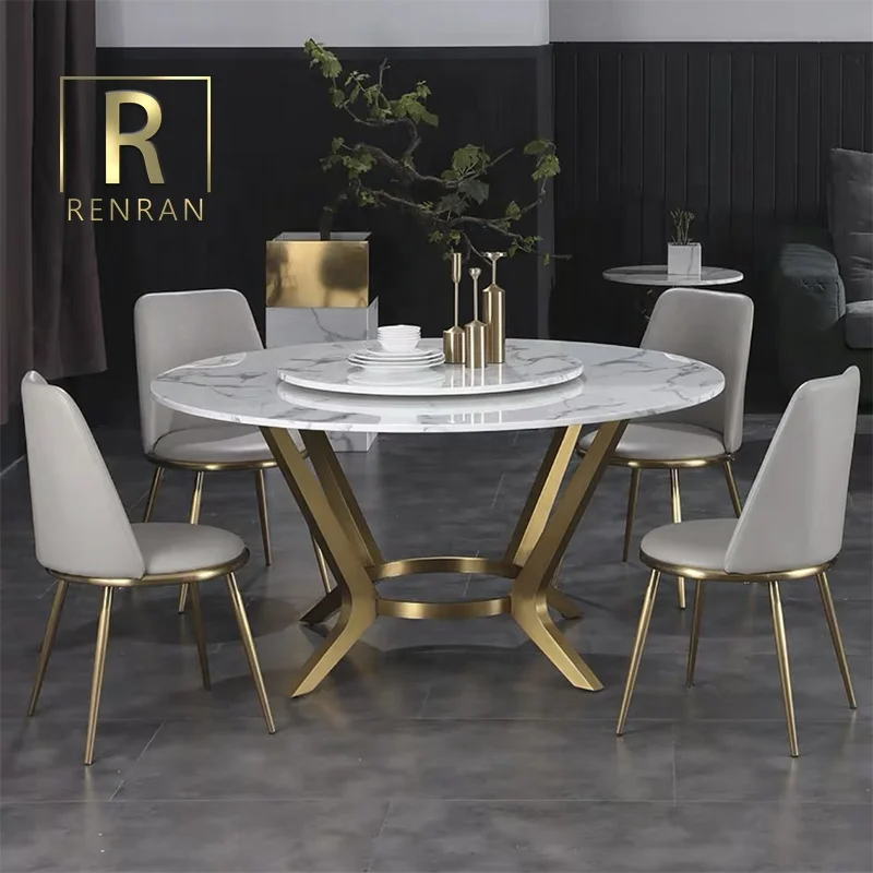 Modern contemporary new design dining room tables furniture sets stainless steel legs round marble stone top dining table