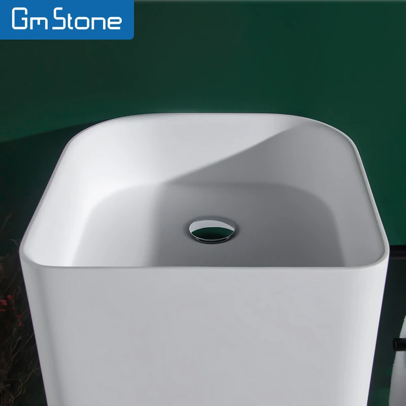 Newly Designed Italian White Marble Freestanding Wash Rectangular Pedestal Solid Surface Ceramic Sink Hotels Artificial Stone