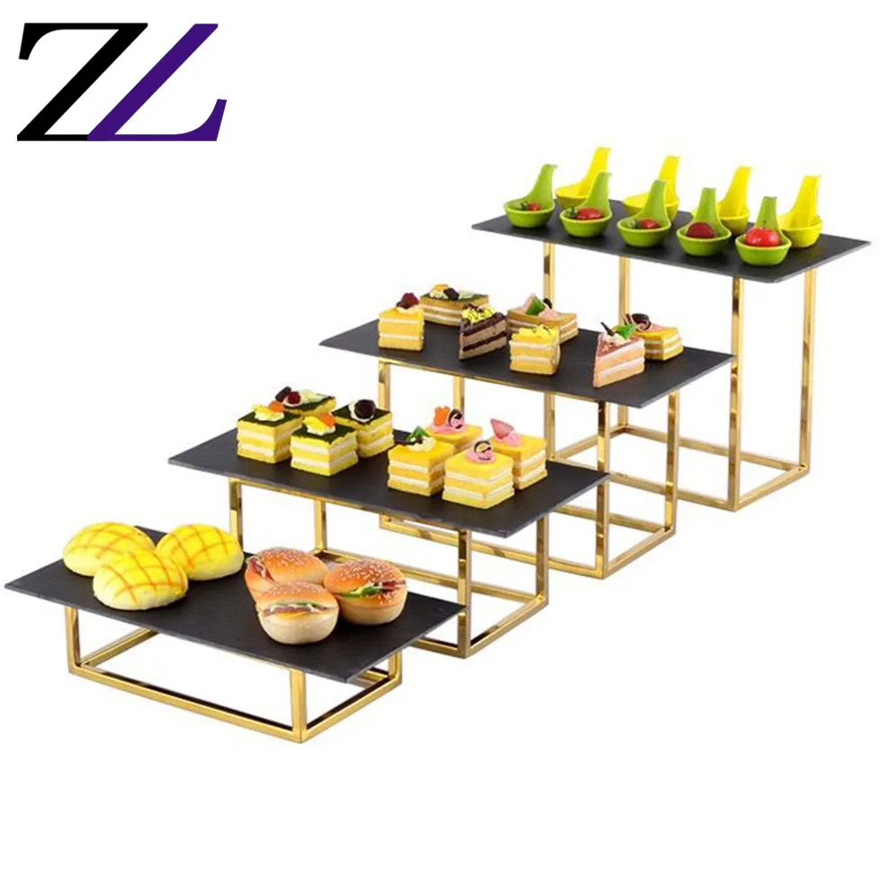 Buffet elevation catering supplies decorative royal metal food rack luxury buffet display riser black plate slate cake stand