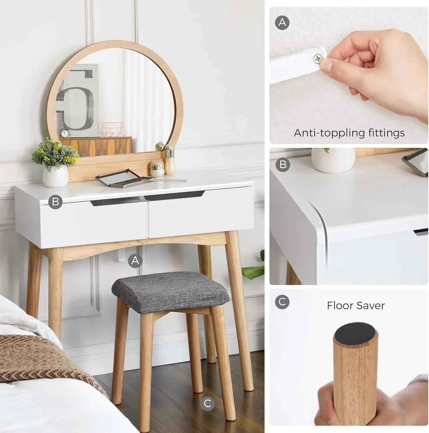 White Wooden Vanity Table Set with 2 Drawers Mirror Cushioned Stool for Girls Bedroom Dressing Furniture MDF Style