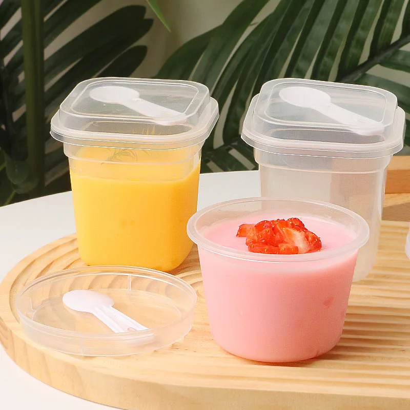 New Design 9oz Disposable PP Plastic Clear Frozen Cup with Lid and Spoon Square Single Wall Yogurt Ice Cream Cupcake Container
