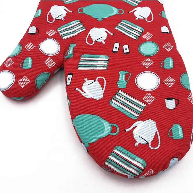 Factory Customized Pattern Cotton Oven Mitts Kitchen Insulation Gloves Red